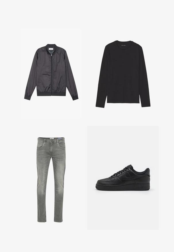Schwarze Bomberjacke aus leichtem, glattem Material mit Reißverschluss, geripptem Kragen, Bündchen und Saum; bietet Seitentaschen.; Schwarzes Langarm-T-Shirt aus weichem, leichtem Stoff. Verfügt über einen runden Halsausschnitt und einen geraden Saum. Keine sichtbaren Muster oder Akzente.; Graue Denim-Jeans mit schmaler Passform, Fünf-Taschen-Design, dezentem Used-Look und Reißverschluss mit Knöpfen.; Nike Sportswear AIR FORCE 1 07 FLYEASE - Sneaker low - black