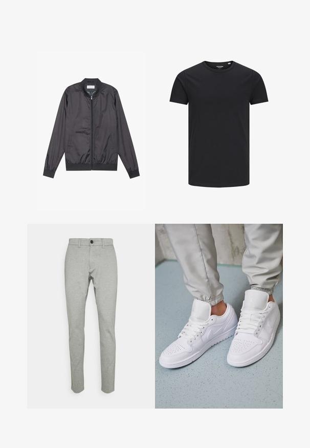 Veste bomber noire en matériau léger et lisse avec fermeture éclair, col, poignets et ourlet côtelés ; elle dispose de poches latérales.; T-shirt en coton noir avec un col rond, des manches courtes et un design simple. Texture lisse, sans motifs ni éléments visibles.; Pantalon en coton mélangé gris clair, design slim fit, avec fermeture à bouton sur le devant, passants de ceinture et texture subtile sur l'ensemble.; Des baskets en cuir blanc présentent une zone de perforation à l'avant, des lacets plats, un col rembourré et le logo Jordan sur la languette. Portées avec un pantalon de jogging gris.