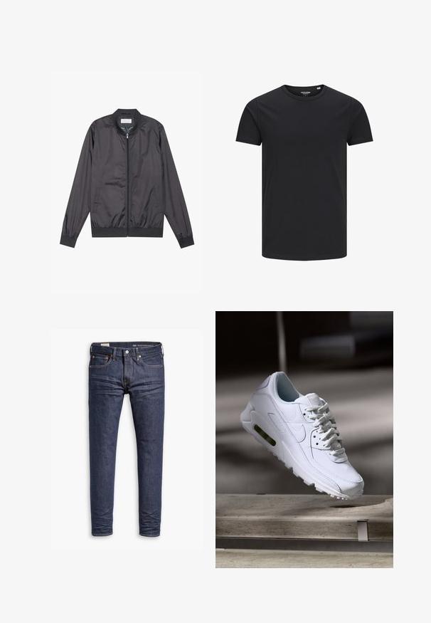 Sort bomberjakke lavet af let, glat materiale med lynlåslukning, ribbet krave, manchetter og kant; har sidelommer.; Sort bomulds T-shirt med rund hals, korte ærmer og et enkelt design. Glat tekstur, ingen mønstre eller synligt tilbehør.; Mørkeblå slim-fit Levi's Performance jeans med fem lommer og synlig syning på hvid baggrund.; Hvide lædersneakers med teksturerede overflader, polstret krave og synlig luftpolstring i sålen. Har snørrebånd og et minimalistisk design.