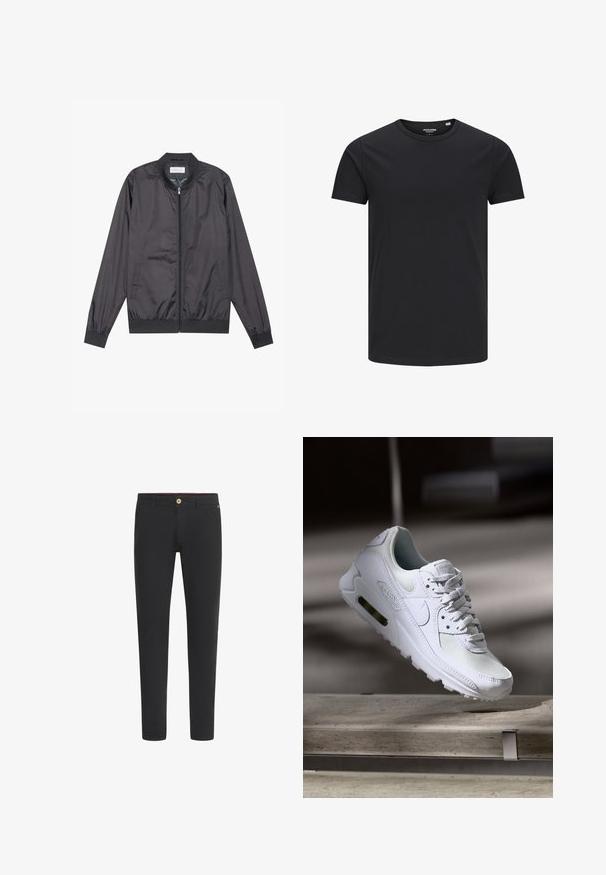 Chaqueta bomber negra hecha de un material ligero y suave con cierre de cremallera, cuello, puños y dobladillo acanalados; cuenta con bolsillos laterales.; Camiseta de algodón negra con cuello redondo, mangas cortas y un diseño sencillo. Textura suave, sin patrones ni herrajes visibles.; Pantalones ajustados negros con trabillas para cinturón, bolsillos delanteros y cierre de botón en la cintura.; Zapatilla Nike Air Max 90 blanca con parte superior de malla y cuero, caja de puntera perforada y unidad de aire visible en el talón.
