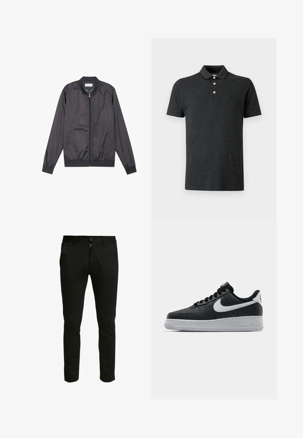 Mustad must jacket, mis on valmistatud kergest ja siledast materjalist, lukuga kinnitamine, ribiga krae, mansetid ja alläär; külgedel on taskud.; Must lühikeste varrukatega polosärk, millel on kolm valget nööpi ja soonikkoes krae, esitatuna ühevärvilise heleda tausta vastu.; Mustad, liesad pükste lõige pehmest kangast. Omab luku ja nööbi sulgemist, kahte külgtaskut ning puhta, sujuva tekstuuri.; Must musta sneaker tekstureeritud pinnaga, valge Nike logo, hall tald, ümar varv ja paeltega disain. Omab perforatsioone varbakasti peal.