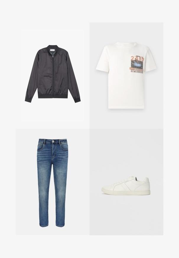 Veste bomber noire en matériau léger et lisse avec fermeture éclair, col, poignets et ourlet côtelés ; elle dispose de poches latérales.; TOM TAILOR DENIM T-shirt imprimé - gardenia white; Jean droit bleu avec bouton et fermeture éclair à l'avant, passants pour ceinture et poches avant et arrière.; Baskets blanches en cuir montantes basses avec fermeture à lacets et semelle en caoutchouc plate, vues du côté intérieur sur un fond uni.