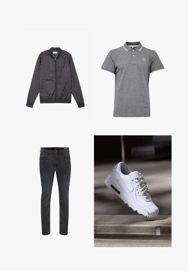 Μαύρο bomber jacket φτιαγμένο από ελαφρύ, λείο υλικό, με κλείσιμο φερμουάρ, ριμπ λαιμό και μανίκια, και ριμπ στρίφωμα; διαθέτει πλαϊνές τσέπες.; Γκρι κοντομάνικο πόλο με λευκό περίγραμμα στο γιακά και τα μανίκια, δύο κουμπιά και μικρό λευκό τυπωμένο κείμενο στο αριστερό μέρος του στήθους.; Σκούρο γκρι τζιν με λεπτή εφαρμογή, σχέδιο με πέντε τσέπες και κούμπωμα με κουμπί. Κατάλληλο για καθημερινή χρήση.; Λευκό δερμάτινο αθλητικό παπούτσι με υφή στην επιφάνεια, επενδεδυμένο κολάρο και ορατή αεροστιβάδα στη σόλα. Περιλαμβάνει κορδόνια και μινιμαλιστικό σχέδιο.