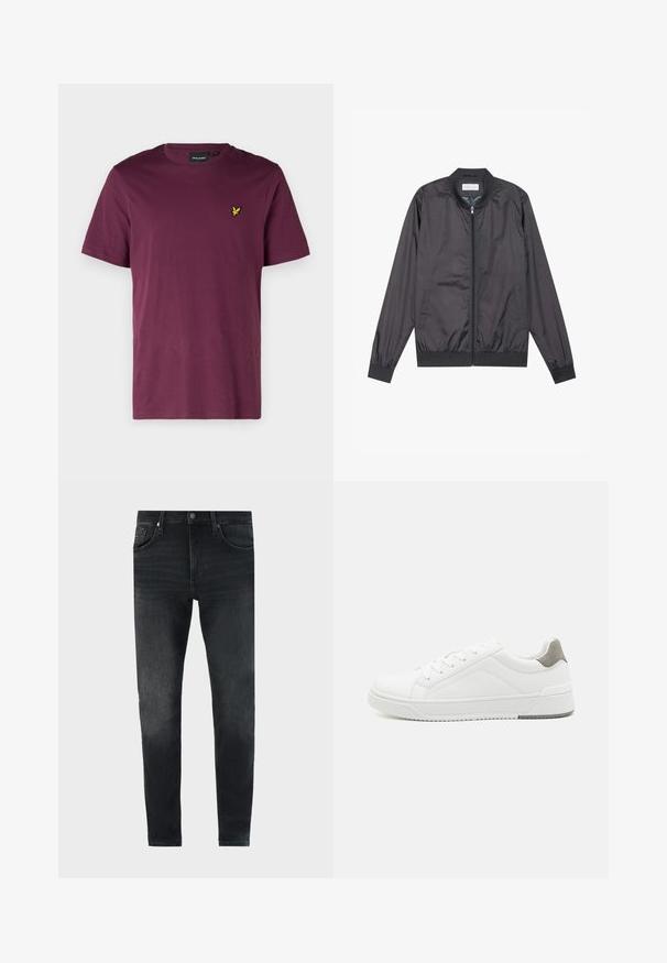 Sort bomberjakke lavet af let, glat materiale med lynlåslukning, ribbet krave, manchetter og kant; har sidelommer.; Mørkerød bomulds t-shirt med rund hals, korte ærmer og et lille gult ørne-logo på venstre bryst. Glat overflade, almindelig pasform.; Slankt skårne sorte vaskejeans med frontlommer, bæltestropper og knaplukning, præsenteret på en ensfarvet lys baggrund.; Hvid sneaker lavet af glat læder, rund tå, minimalistisk design, grå hælafsats og tekstureret gummisål.