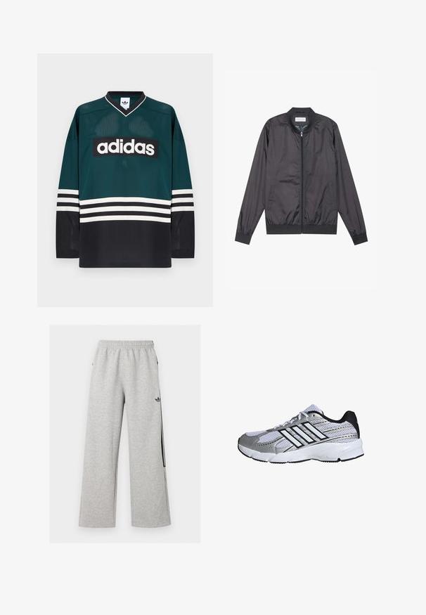 Zwarte bomberjack gemaakt van lichtgewicht, glad materiaal met een ritsluiting, ribbelkraag, manchetten en onderrand; beschikt over zijzakken.; Groen-zwart Adidas-shirt met een V-hals, lange mouwen, een mesh textuur en een opvallend wit logo over de borst met gestreepte accenten.; Lichtgrijze wijde joggingbroek met elastische tailleband en zwart Adidas trefoil-logo op de rechterdij.; Mesh sportieve schoenen in wit en zilver, met zwarte accenten, drie witte streeplogo, gevoerde kraag en een gestructureerde rubberen zool.
