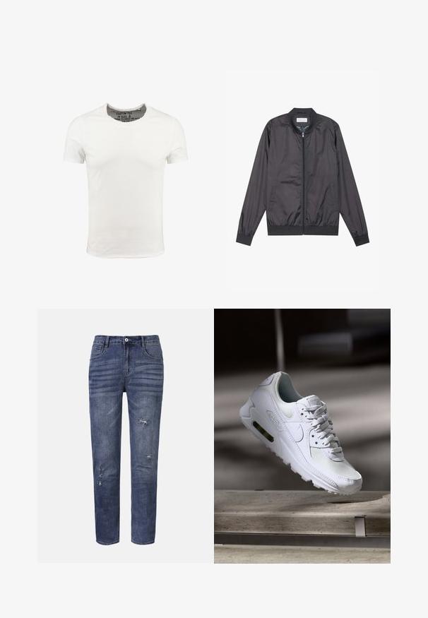 Chaqueta bomber negra hecha de un material ligero y suave con cierre de cremallera, cuello, puños y dobladillo acanalados; cuenta con bolsillos laterales.; Camiseta de algodón blanca con cuello redondo y mangas cortas, con un diseño liso y una textura suave. Etiqueta visible en el área del cuello.; Vaqueros de mezclilla desgastados en azul oscuro, con corte recto, bolsillos frontales y desgarros visibles con un ligero desgaste. Cierre de botón estándar.; Zapatilla Nike Air Max 90 blanca con parte superior de malla y cuero, caja de puntera perforada y unidad de aire visible en el talón.