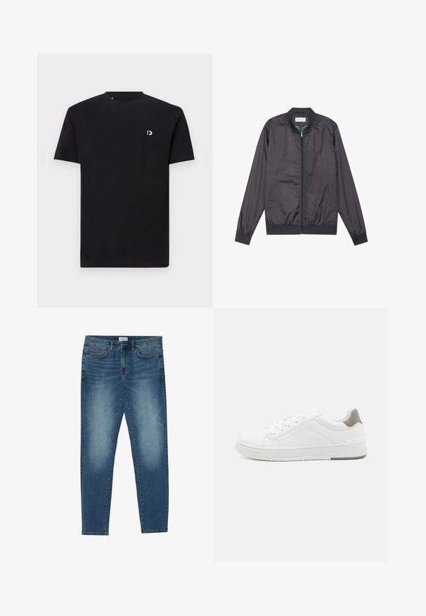 Veste bomber noire en matériau léger et lisse avec fermeture éclair, col, poignets et ourlet côtelés ; elle dispose de poches latérales.; T-shirt en coton noir à manches courtes, col rond, avec un petit logo blanc sur la poitrine gauche. Texture lisse, design simple.; Jean en denim bleu moyen avec un délavage léger, design à cinq poches, coupe droite et accents cousus. Fermeture par bouton et zip.; Basket blanche en cuir lisse, à bout arrondi, design minimaliste, accent de talon gris et semelle en caoutchouc texturé.