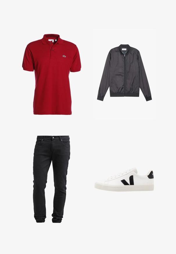 Μαύρο bomber jacket φτιαγμένο από ελαφρύ, λείο υλικό, με κλείσιμο φερμουάρ, ριμπ λαιμό και μανίκια, και ριμπ στρίφωμα; διαθέτει πλαϊνές τσέπες.; Κόκκινο πόλο μπλουζάκι από βαμβάκι, με κλασικό γιακά, κοντά μανίκια, πατητή 2 κουμπιών και μικρό πράσινο κεντητό λογότυπο στο στήθος.; Μαύρα στενά τζιν παντελόνια με κλείσιμο με κουμπί και φερμουάρ, πέντε τσέπες και ελαστικές μανσέτες στους αστραγάλους.; Λευκό δερμάτινο sneaker με μαύρες σουέτ λεπτομέρειες; διαθέτει καουτσούκ σόλο, στρογγυλή μύτη και κλασικό σχέδιο με κορδόνια. Λογότυπο στην πλευρά σε μαύρο χρώμα.