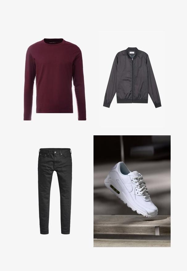 Black bomber jacket made from lightweight, smooth material with a zip closure, ribbed collar, cuffs, and hem; features side pockets.; Long-sleeve t-shirt in deep burgundy cotton, crew neck design, smooth texture, and no visible patterns or accents.; Black slim-fit jeans with front pockets, belt loops, and a button closure, displayed against a white background.; White leather sneaker with textured surfaces, padded collar, and visible air cushioning in sole. Features laces and a minimalistic design.