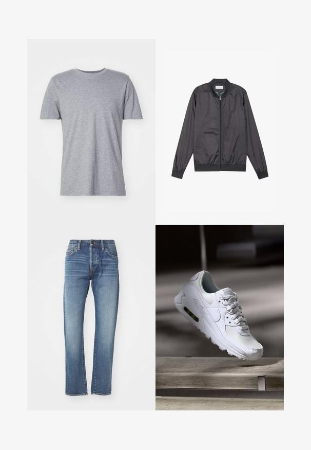 Schwarze Bomberjacke aus leichtem, glattem Material mit Reißverschluss, geripptem Kragen, Bündchen und Saum; bietet Seitentaschen.; Graues, kurzärmliges T-Shirt aus einem Baumwollmischgewebe, das über einen klassischen Rundkragen verfügt und eine glatte, weiche Textur aufweist.; Blaue Denim-Jeans mit geradem Schnitt, mittlerer Waschung, fünf Taschen und subtilen Ausbleichungen. Enthält einen klassischen Bund und Gürtelschlaufen.; Weiße Nike Air Max 90 Sneaker mit einem Obermaterial aus Mesh und Leder, durchlässigem Zehenbereich und einer sichtbaren Air-Einheit in der Ferse.
