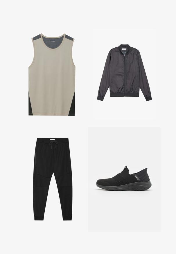 Veste bomber noire en matériau léger et lisse avec fermeture éclair, col, poignets et ourlet côtelés ; elle dispose de poches latérales.; Débardeur beige sans manches avec des accents d'épaule gris foncé et des panneaux latéraux noirs. Texture lisse avec un col arrondi.; Pantalons de sport noirs en tissu texturé, dotés d'une taille réglable, d'une poche latérale zippée et de chevrons resserrés.; Chaussures noires à enfiler avec une tige en maille respirante, un design texturé, une semelle flexible et une semelle intérieure lisse et rembourrée.