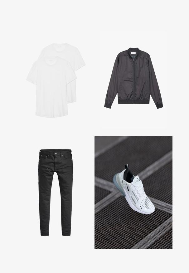 Μαύρο bomber jacket φτιαγμένο από ελαφρύ, λείο υλικό, με κλείσιμο φερμουάρ, ριμπ λαιμό και μανίκια, και ριμπ στρίφωμα; διαθέτει πλαϊνές τσέπες.; Δύο λευκά κοντομάνικα μπλουζάκια από βαμβάκι, με στρογγυλή λαιμόκοψη, απαλή υφή και απλό, χωρίς στολίδια σχέδιο.; Μαύρα εφαρμοστά τζιν παντελόνια με μπροστινές τσέπες, θήκες ζώνης και κούμπωμα με κουμπί, εκτεθειμένα σε λευκό φόντο.; Λευκό αθλητικό παπούτσι με διάτρητη πλέξη, μαύρες λεπτομέρειες, ορατά κορδόνια και διαφανή σόλα με αεροστάθμη.