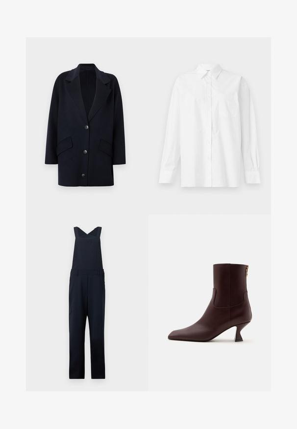 Manteau en mélange de laine marine avec un col cranté, deux poches avant et trois boutons. Design surdimensionné avec manches droites.; Chemise blanche à manches longues en coton, avec un col classique, un fermeture à boutons et une poche poitrine simple du côté gauche.; Salopette bleu marine en tissu lisse, avec des bretelles croisées, des jambes larges et des poches latérales. Design simple et épuré.; Bottine en cuir brun foncé avec bout pointu, talon kitten incurvé et fermeture éclair à l'arrière sur un fond clair uni.