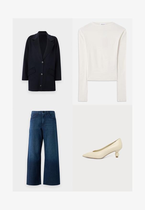 Marineblå frakke i uldblanding med notchet krave, to forlommer og tre knapper. Oversized design med lige ærmer.; Hvid langærmet top lavet af bomuld, med en simpel rund hals og en slim fit. Stof er glat med en let stræk.; Bredde ben mørkeblå denimjeans med frontknap, bæltestropper og klassisk fem-lomme design på ensfarvet baggrund.; Kremfarvet damesko med spids snude og lav hæl, hvor hælen er rund og kugleformet, på en ensfarvet baggrund.
