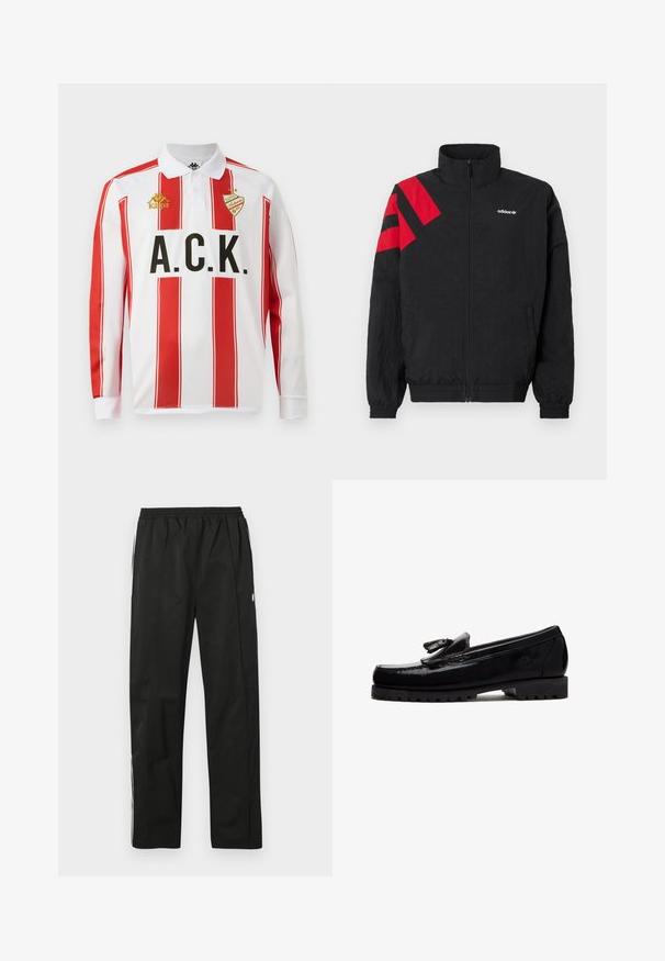 Sort lynlåsjakke med høj krave, med røde diagonale striber på venstre skulder, elastiske manchetter og sidelommer. Hvidt logo på brystet.; Langærmet polo shirt, hvid med røde lodrette striber, med sort "A.C.K." skrift og guld "Kappa" logo på venstre bryst.; Sorte træningsbukser med elastisk talje, lige snit, lynlåsdetaljer i siderne og hvide striber langs siderne. Glat tekstur.; Sort læderloafer med kvastdetalje, tyk robust sål og præget logo på siden, vist i profil mod hvid baggrund.