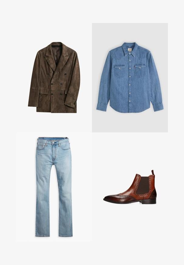 Bruine suède dubbelgeknoopte blazer met inkepingrevers, zes zwarte knopen, twee klepzakken aan de voorkant en een borstpaspelzak.; Blauw denim overhemd met lange mouwen, met puntige kraag, knoopsluiting vooraan en twee borstzakken met knoopkleppen op een effen achtergrond.; Lichtblauwe denim jeans, rechte pijpen, met vijf zakken, contrasterende stiksels en een knoopsluiting bij de tailleband.; Bruine leren Chelsea-laars met brogue-details, elastisch zijpaneel, trekkoord aan de achterkant en lage gestapelde hak.