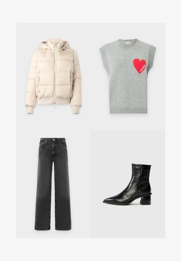 Doudoune beige clair avec capuche, fermeture éclair devant, poches latérales zippées, poignets et ourlet côtelés, présentée sur un fond uni.; Pull gris sans manches en tricot doux avec un grand cœur rouge et le texte "FUTURE" sur le côté gauche. Encolure ronde côtelée et ourlet.; Jean en denim noir taille haute, coupe droite, avec bouton et fermeture éclair à l'avant, deux poches avant et deux poches arrière.; Bottine en cuir noir avec bout pointu, talon bloc moyen, texture lisse et détails de couture minimalistes. Logo de la marque embossé au talon.