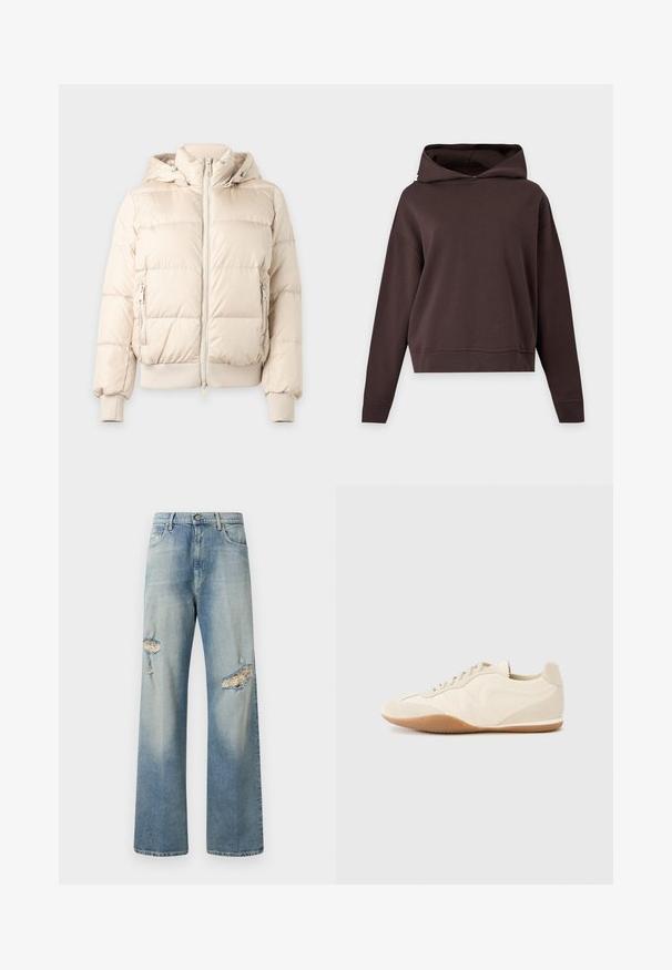 Lichtbeige donsjack met capuchon, ritssluiting aan de voorkant, ritssluitingen aan de zijkanten, geribde manchetten en zoom, getoond tegen een effen achtergrond.; Effen donkerbruine hoodie met lange mouwen, losse pasvorm en zonder zichtbare patronen of logo’s, getoond tegen een lichtgrijze achtergrond.; Lichtblauwe denim wijde jeans met verwassen scheuren aan de voorkant, knoopsluiting en klassiek vijf-pocket ontwerp. Zachte textuur.; Lichtbeige sneakers met een textuur van leer op het bovenwerk, getextureerde zijpanelen en een rubberen zool. Voorzien van een slank, gestroomlijnd ontwerp en platte veters.