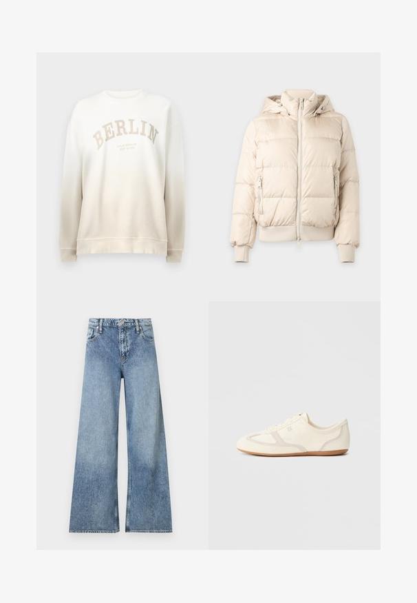 Chaqueta acolchada beige clara con capucha, cremallera frontal, bolsillos laterales con cremallera, puños y dobladillo acanalados, mostrada sobre un fondo liso.; Sudadera crema con un desvanecimiento en degradado. Presenta la palabra "BERLÍN" impresa en un arco de color beige claro y cuellos y puños de canalé. Textura suave.; Vaqueros de pierna ancha en azul claro con bolsillos delanteros, trabillas para cinturón, cierre de botones y detalles desgastados.; Zapatillas de color crema con parte superior de ante y tela, puntera redondeada y suela de goma con un detalle en beige. Diseño con cordones.
