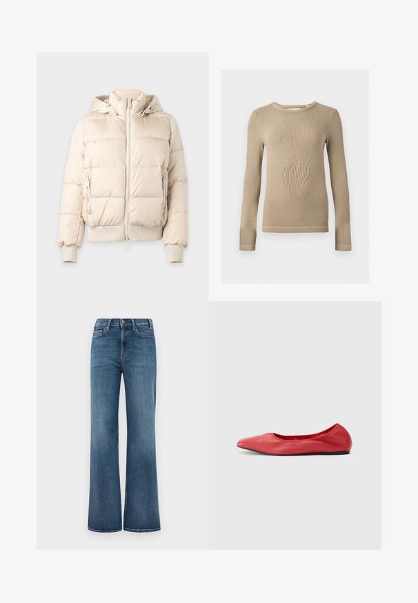 Lyse beige dunjakke med hætte, lynlås foran, lynlåslommer i siderne, ribstrikkede manchetter og kant, vist mod en ensfarvet baggrund.; Beige ribstrikket langærmet top med rund halsudskæring, tætsiddende pasform og synlige sømmer på kanterne mod en ensfarvet baggrund.; Blå denimjeans med bred benklip, knap- og lynlåslukning samt for- og baglommer, præsenteret på en simpel hvid baggrund.; Filippa K REY FLATS - Ballerinasko - bright red
