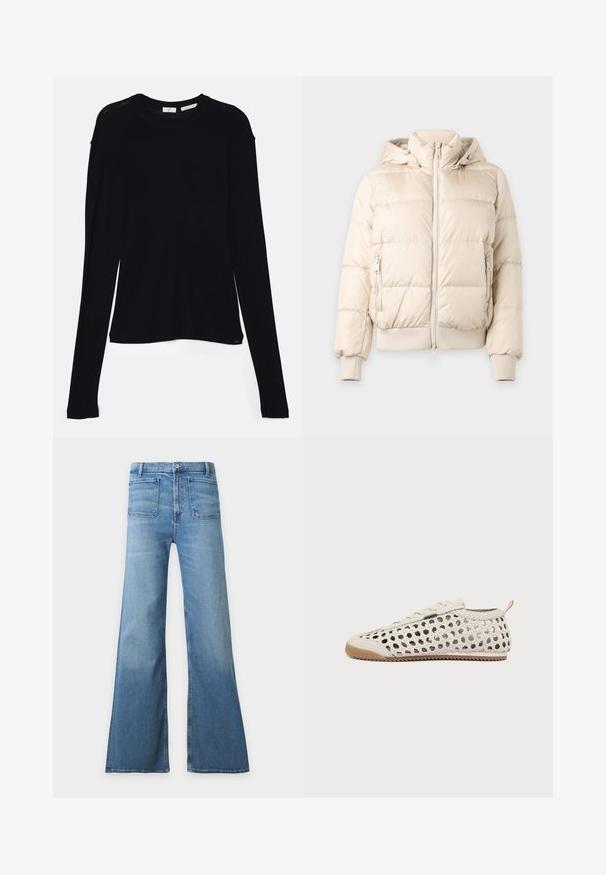 Doudoune beige clair avec capuche, fermeture éclair devant, poches latérales zippées, poignets et ourlet côtelés, présentée sur un fond uni.; Haut noir à manches longues en tissu doux, avec un col rond et une coupe décontractée, doté de fentes sur les côtés à l'ourlet pour faciliter les mouvements.; Jean en denim bleu clair taille haute avec jambes larges évasées, poches plaquées à l’avant, fermeture par boutons et passants de ceinture.; Baskets en cuir tissé blanc avec semelle en gomme, lacets à l’avant et languette au talon, vues de l’intérieur sur fond blanc.