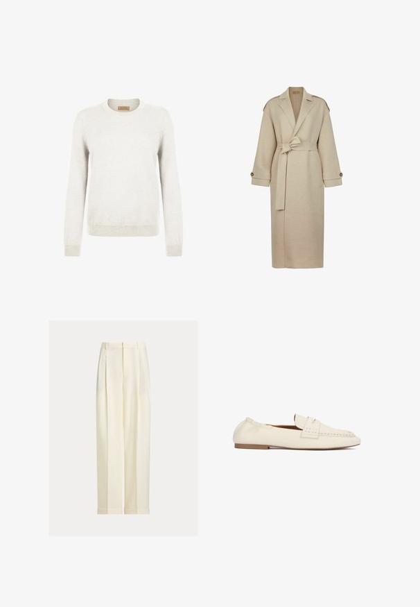 Beige indpakningsfrakke med bælte i taljen, med en krave med glid, lange ærmer med knapdetaljer og en glat tekstur.; Lys grå sweater lavet af blødt strikstof, med rund hals og lange ærmer, samt ribbede manchetter og kant for ekstra tekstur.; Skræddersyede bukser i cremefarve med forreste læg, bæltestropper og opsmøgede kanter, vist på en ensfarvet baggrund.; Kremfarvet læderloafer med syningsdetaljer, flad sål og slip-on design.