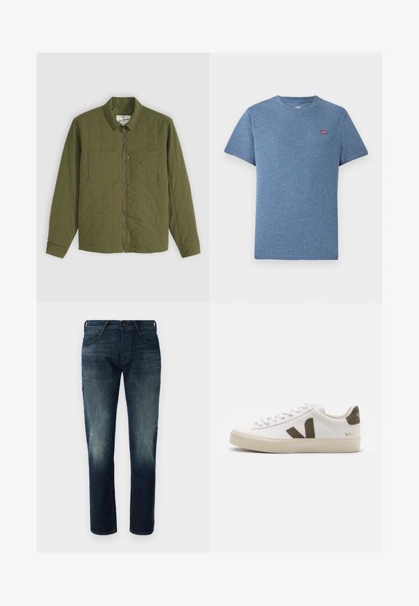 Oliven grøn quiltet jakke med krave, frontlynlås og to brystlommer. Har diskrete syninger og blød tekstur.; Blå meleret kortærmet T-shirt med rund hals og lille rødt Levi's-logo på venstre bryst.; Mørkeblå lige ben denim jeans med let fading på lårene og knæene, frontknap og lynlås lukning, samt fem-lomme stil.; Hvide læder sneakers med en lys beige gummisål. Har en brun ruskinds V-logo og hælflap. Snørret lukning med en struktureret overflade.