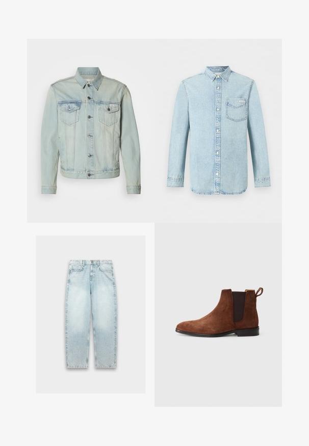 Lyseblå denimjakke med knaplukning foran, to brystlommer og krave. Har sølvfarvede detaljer og en falmet gradienteffekt.; Lyseblå denim-skjorte med lange ærmer, knaplukning foran, enkelt brystlomme med Calvin Klein-logo og spids krave.; Lyseblå denimjeans med løs pasform, lige ben, falmet tekstur, fem-lomme design og metalknaplukning i taljen.; JOOP! KLEITOS - Støvletter - downtown brown