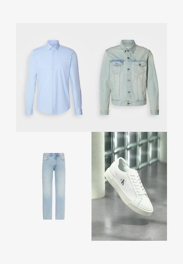 Veste en denim bleu clair avec une fermeture à boutons, deux poches poitrine et un col. Présente une quincaillerie argentée et un effet dégradé estompé.; Chemise boutonnée bleu clair en coton, avec un col classique, des manches longues et un petit logo sur la poitrine. Texture lisse.; Jean en denim bleu clair à jambe droite avec fermeture à boutons à l'avant et design cinq poches, comprenant une petite étiquette Calvin Klein sur la poche avant.; Baskets blanches Calvin Klein avec lacets, présentées en suspension au-dessus d'un sol en béton poli et d'un mur en blocs de verre en arrière-plan.