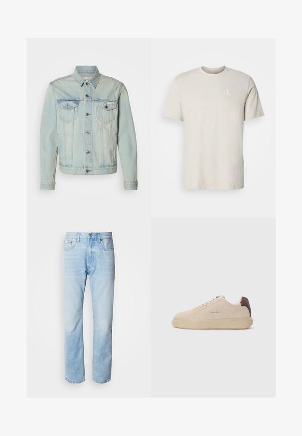 Lyseblå denimjakke med knaplukning foran, to brystlommer og krave. Har sølvfarvede detaljer og en falmet gradienteffekt.; Beige kortærmet T-shirt i bomuld med rund hals og lille hvidt "cK"-logo på venstre bryst.; Lyseblå denimjeans med lige ben, har slidte sektioner, fem lomme-design og en klassisk knapåbning.; Beige ruskind sneakers med rund tå, snørret foran og en brun ruskindsdetalje på hælen. Har en tekstureret gummisål.