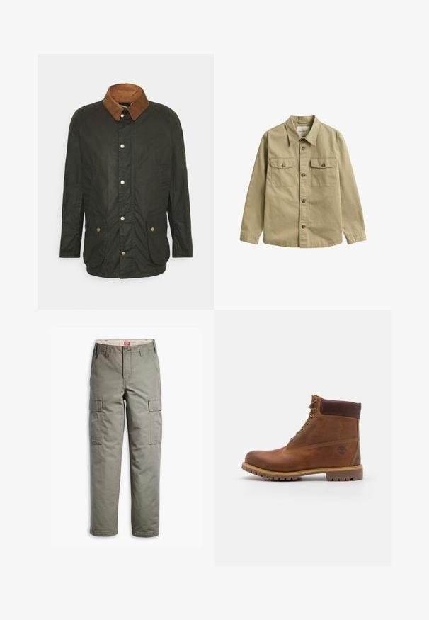 Barbour LIGHTWEIGHT ASHBY WAX - Halflange jas - archive olive; Khaki overhemd met lange mouwen, knoopsluiting, kraag en twee voorzakken met klep en knoop.; Olijfgroene cargobroek, gemaakt van een duurzame katoenmix, met zijzakken, een rechte pijp en een knoopsluiting.; Bruine leren wandelschoen met een gladde afwerking, gevoerde enkel, metalen oogjes en een rubberen zool met een robuust profiel.