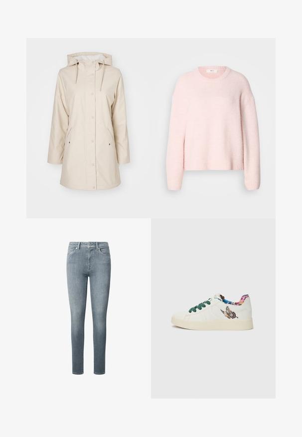 Beige sadetakki, jossa on huppu, nepparit ja sivutaskut. Valmistettu sileästä, vedenpitävästä materiaalista. Varustettu pehmeällä vuorilla.; Vaaleanpunainen neulottu pusero, rento istuvuus, pyöreä kaula-aukko, resorireunus helmassa ja hihoissa, pehmeä pinta, lasketut olkapäät, ei näkyviä koristeita tai kuvioita.; Slim-fit farkut, jotka on valmistettu pehmeästä, vaaleansinisestä denimmateriaalista. Niissä on viisi taskua, vetoketjusuljenta ja vyölenkit, sekä sileä pinta ja vähäinen kuluminen.; ALDO WHAT IS ADAM - Matalavartiset tennarit - white/multi-coloured