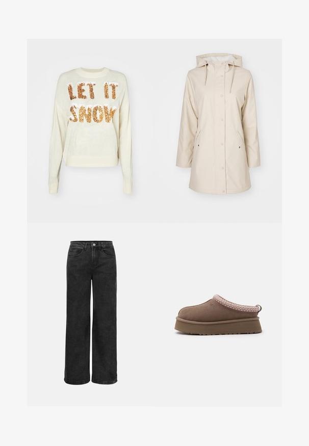 Beige regnfrakke med hætte, trykknapper og sidelommer. Lavet af glat, vandtæt materiale. Har en blød foring.; Creme sweater med teksten "LAD DET SNØE" i funklende guld-perler, med rund halsudskæring og ribbede manchetter og nederkant.; Sorte wide-leg jeans i denim med høj talje, fem lommer og klassisk knaplukning. Glat tekstur med minimal falmning.; Brun slip-on sko med tyk sål, lyserød og hvid mønstret kant rundt om åbningen og UGG-logoet på siden.