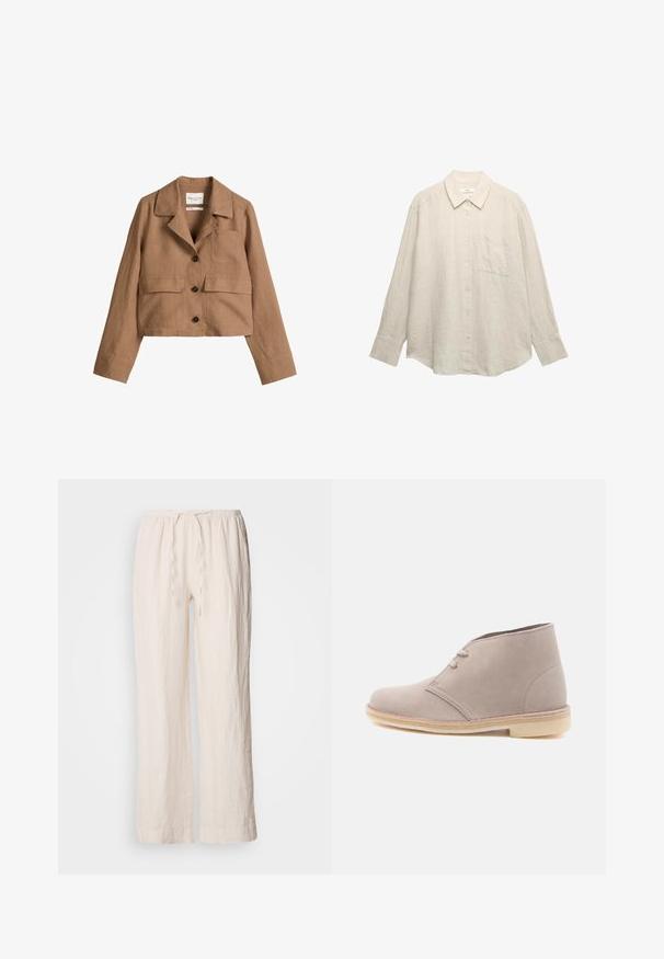 Veste courte en lin marron avec trois boutons foncés, un col, une poche poitrine et deux poches à rabat à l'avant.; Chemise en lin beige clair à manches longues, avec boutons sur le devant, col pointu, une poche poitrine unique et une coupe ample. Texture subtilement visible.; Pantalons larges en lin beige clair avec une taille élastique et des détails de cordon. Caractérisés par une surface texturée, légèrement froissée.; Botte desert en daim beige clair avec deux œillets et semelle en crêpe, vue de profil sur un fond blanc uni.