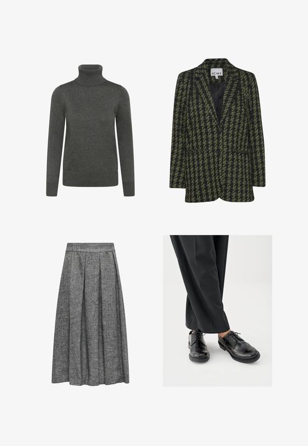 Zwart en groen houndstooth blazer met twee knopen, pointe-kraag en twee zijzakken. Glad binnenvoering. Slim fit.; Donkergrijze coltrui gemaakt van een gebreid materiaal, met lange mouwen, ribgebreide kraag en boorden, en een gladde textuur.; Grijze geplooide rok, gemaakt van textiel met structuur, beschikt over een hoge tailleband en een vloeiende snit die tot halverwege het onderbeen reikt.; Zwarte leren schoenen met een spits toelopende neus, decoratieve perforaties en bruine stiksels. Gecombineerd met losse zwarte broek.