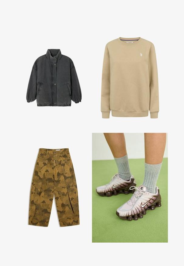 Veste oversize gris foncé avec col montant, fermeture à boutons-pression, poignets élastiques, deux poches avant et ourlet élastique.; Sweatshirt beige en tissu mélangé coton, avec un col rond, des poignets côtelés et un petit logo blanc sur la poitrine gauche.; Pantalon large à motif camouflage marron et vert foncé avec poches avant et fermeture bouton à la taille.; Baskets Nike en rose clair et marron, présentant un dessus texturé, un design superposé et une semelle extérieure amortissante avec des unités d'air visibles.