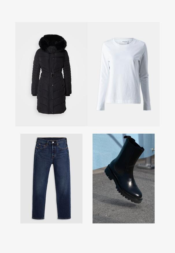 Morgan GALEX - Wintermantel - noir; Witte langekous T-shirt met lange mouwen, gemaakt van zachte katoen. Heeft een ronde halslijn en aansluitende mouwen. Glad textuur met een eenvoudige uitstraling.; Donkerblauwe spijkerbroek met een rechte pijpdesign. Voorzien van een ritssluiting met knoopsluiting, vijf zakken en contrasterende stiksels.; Zwarte leren enkellaars met elastische zijpanelen, een afgeronde neus en een dikke, gestructureerde zool. Gladde afwerking met een minimalistisch design.