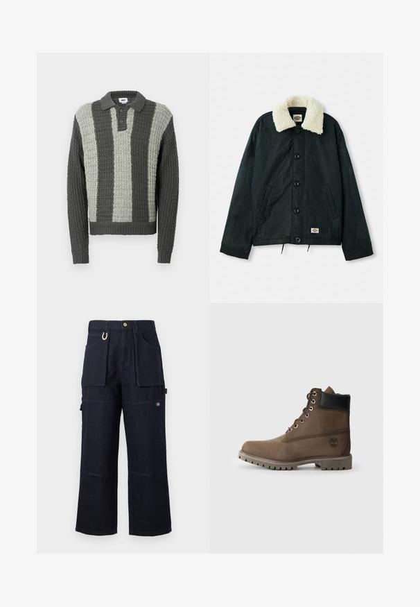 Veste noire avec un col en fausse fourrure crème, boutons-pression à l'avant, poches latérales et ourlet à cordon. Étiquette en bas à gauche.; Pull polo tricoté en gris et vert clair avec un motif texturé. Il présente un col et trois boutons, des poignets et un ourlet côtelés.; Pantalon de travail en denim bleu foncé à jambes larges avec grandes poches avant et latérales, fermeture par boutons, et petite étiquette logo sur la cuisse.; Bottines en cuir marron avec un col noir, œillets en métal et semelle grise robuste. Comprend un logo sur le côté et des détails cousus.