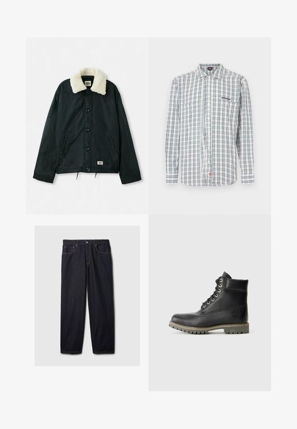 Sort jakke med en krave i cremefarvet faux shearling, frontknapper, sidelommer og snor i kanten. Etiket på nederste venstre side.; Rudchecket skjorte med knapper i hvid, grøn og blå. Har lange ærmer, krave, to frontlommer og en logobrodering på brystet.; Mørke denim jeans med lige pasform, der har en knap- og lynlås-lukning, to frontlommer og kontrastfarvet orange syning.; Sorte læder ankelstøvler med snøredesign, polstret krave og en tekstureret panel. Har en robust sål og prægede logo på siden.