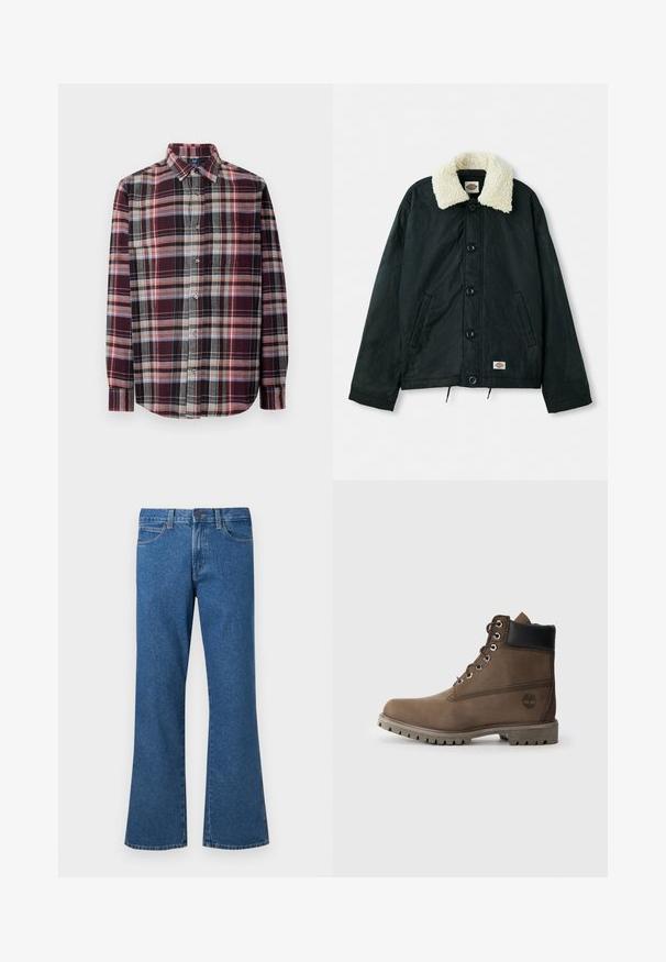Sort jakke med en krave i cremefarvet faux shearling, frontknapper, sidelommer og snor i kanten. Etiket på nederste venstre side.; Skjorte med ternet mønster og krave. Den indeholder burgunder, grå og crème nuancer med et struktureret stof. Lange ærmer og detaljeret lomme foran.; Blå denim flared jeans med mellemhøj talje, fem lommer, lys syning og knaplukning. Glat tekstur og ensartet farve over det hele.; Brune læder ankelstøvle med sort krave, metaløjer og slidstærk grå sål. Har logo på siden og syet detaljer.