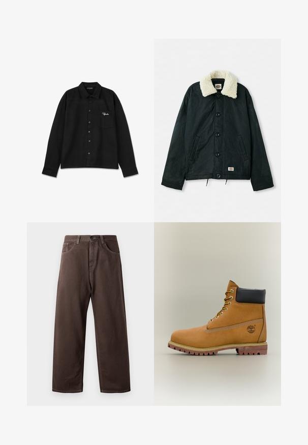 Sort jakke med en krave i cremefarvet faux shearling, frontknapper, sidelommer og snor i kanten. Etiket på nederste venstre side.; Sort langærmet skjorte lavet af stof, med krave, knap-lukning foran, enkelt brystlomme og broderet logo i hvid på lommen.; Brune vidde bukser lavet af bomuld, med et klassisk fem-lommers design, lynlås i gylpen og synlige syningsdetaljer.; Brun læderankelstøvle med sort krave, gule snørebånd og tanfarvet sål. Har logo og hvide syninger som detalje. Robust ydersål med greb.