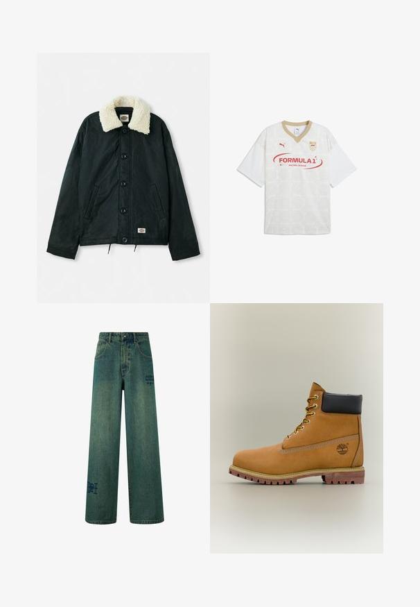 Schwarze Jacke mit einem krämfarbenen Kunstfellkragen, Frontdruckknöpfen, seitlichen Taschen und einem Kordelzug am Saum. Etikett auf der unteren linken Seite.; Weißes Puma Formula 1 Racing League Trikot mit goldfarbenem Kragen, dezenten kreisförmigen Mustern, roten Logos und F1-Abzeichen auf der Brust.; Weite Jeans aus dunkelblauem Denim mit einer dezenten, verblassten Textur. Mit Gesäßtaschen und einem dekorativen Logodetail.; Brauner Leder-Stiefelette mit schwarzem Kragen, gelben Schnürsenkeln und hellbrauner Sohle. Verfügt über ein Logo und weiße Ziernähe. Robuste Profilsohle.
