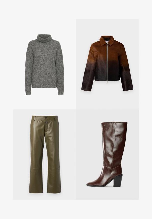 Brun læderjakke med en gradient fra lys til mørk, lynlåslukning, spids krave og cropped design med brede ærmer.; Grå turtleneck sweater lavet af blødt strikmateriale, med en afslappet pasform og lange ærmer med en subtil tekstur hele vejen igennem.; CLOSED SERANDON - Skindbukser - marsh green; Høj, mørkebrun læderstøvle med spids tå og stablet blokhæl, vist fra siden på en ensfarvet baggrund.