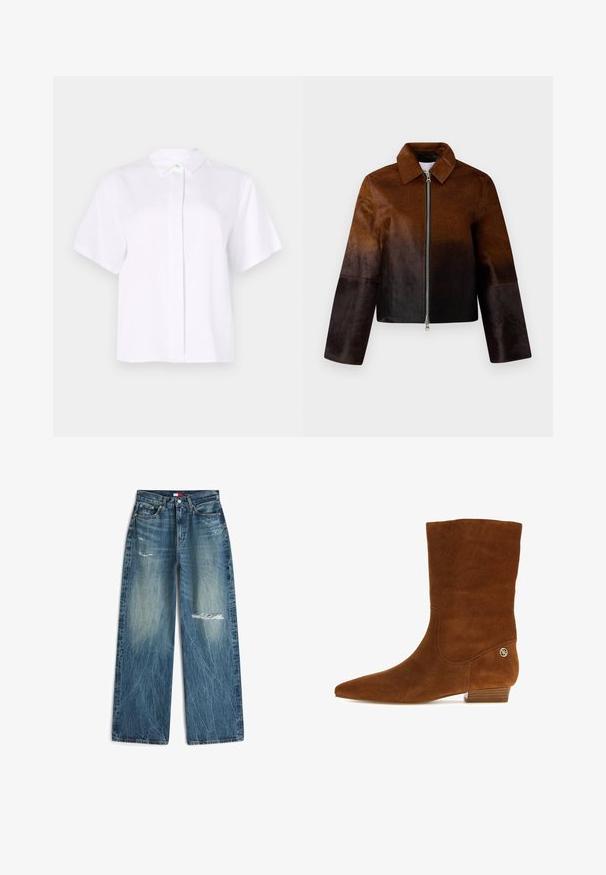 Veste en cuir marron avec un dégradé du clair au foncé, fermeture éclair, col pointu, et design court avec des manches larges.; Chemise blanche à manches courtes en tissu lisse, dotée d'un col pointu et d'une patte de boutonnage avec un bouton d'accent vert.; Jean denim bleu à jambes larges avec des zones délavées, braguette à boutons, passants pour ceinture et déchirures usées sur la cuisse gauche et le genou droit.; Botte mi-mollet en daim marron avec bout pointu, petit talon empilé bas et petit détail de logo doré près du talon.