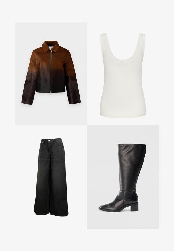 Braune Lederjacke mit einem Farbverlauf von hell nach dunkel, Reißverschluss, spitzen Kragen und kurzer Passform mit weiten Ärmeln.; Weißes ärmelloses Tanktop mit breiten Schulterträgern und rundem Ausschnitt, vor einfarbigem Hintergrund dargestellt.; Schwarze weit geschnittene Jeans mit hoher Taille, Frontknopf, Taschen und dezentem Logo auf der Vorder-Tasche.; Schwarze Lederkniehohe Stiefel mit quadratischer Spitze, Blockabsatz und schlankem Design. Glatte Textur mit einem seitlichen Reißverschluss für einfaches Anziehen.