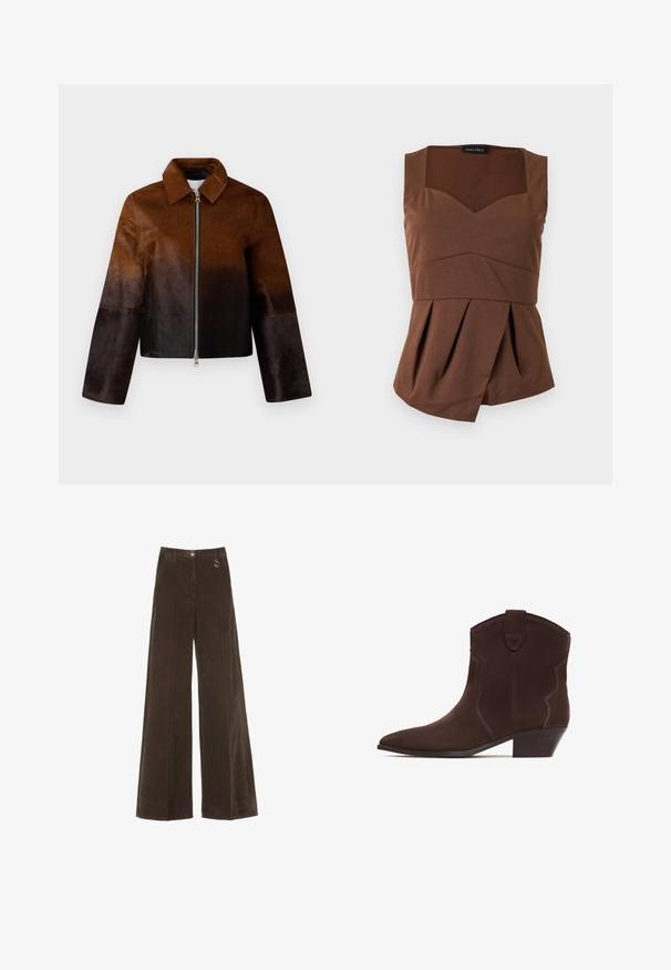 Brun læderjakke med en gradient fra lys til mørk, lynlåslukning, spids krave og cropped design med brede ærmer.; Brun ærmeløs top med firkantet halsudskæring, tætsiddende talje og asymmetrisk plisseret kant, lagt fladt på en lys baggrund.; Brune, vide corduroy bukser med høj talje, der har en gylden knap og en dekorativ ringdetalje. Textureret, blødt stof med lodrette striber.; Brune ruskinds cowboy støvler med spids tå og lav stablet hæl, med dekorativ syning og en trækflig øverst.