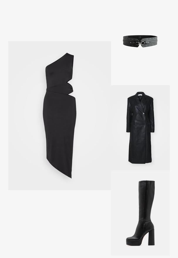 Sort læderfrakke med dobbelt-knappet design, Nashville krave, for-lommer og en glat tekstur. Hel længde med en lige silhuet.; Sort én-skulder kjole lavet af glat stof, med en asymmetrisk skæring, drapering og en elegant, tætsiddende silhuet.; Sorte knæhøje støvler lavet af glat læder med en struktureret overflade, der har en høj blokhælkonstruktion og et rundt tådesign.; Sort bredt læderbælte med sølvnitter og en central metal spænde lukning på hvid baggrund.