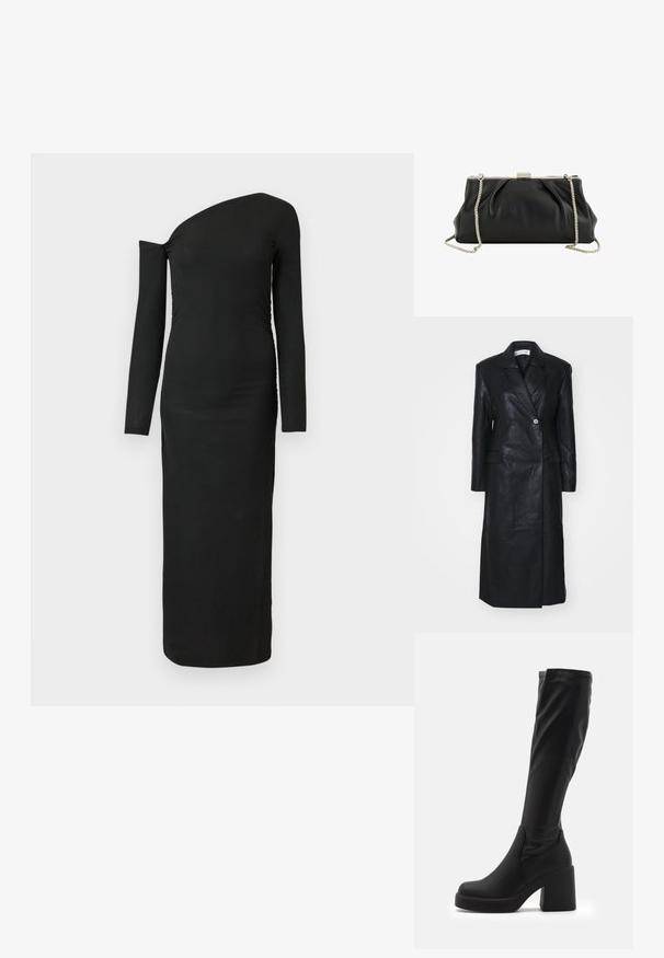 Schwarze Lederjacke mit doppeltreihigem Design, Reverskragen, Fronttaschen und einer glatten Textur. Vollständig in Länge und mit gerader Silhouette.; Schwarzes, eng anliegendes Langarmkleid mit asymmetrischem Ausschnitt und gerafftem Seitendetail, aus geripptem Stoff gefertigt.; Schwarze knielange Stiefel aus glattem Synthetikmaterial mit einem dicken Blockabsatz und einem schlanken Design mit elastischem oberen Rand.; Schwarze weiche Lederclutch mit silbernem Metallrahmen und abnehmbarem silbernem Kettenriemen auf weißem Hintergrund.