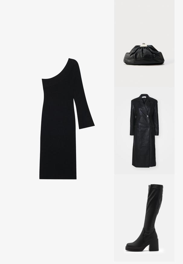 Schwarze Lederjacke mit doppeltreihigem Design, Reverskragen, Fronttaschen und einer glatten Textur. Vollständig in Länge und mit gerader Silhouette.; Schwarzes geripptes Strickkleid mit asymmetrischem Ausschnitt und einem Glockenärmel, mit einer figurschmeichelnden Silhouette bis zum Knie.; Schwarze knielange Stiefel aus glattem Synthetikmaterial mit einem dicken Blockabsatz und einem schlanken Design mit elastischem oberen Rand.; Schwarze Leder-Clutch mit geraffter Textur, Metallverschluss und dezentem, auf der Vorderseite geprägtem Logo. Abgerundete Form.