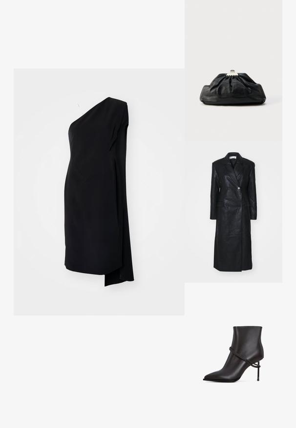 Manteau en cuir noir avec un design croisé, des revers crantés, des poches avant et une texture lisse. Longueur complète avec une silhouette droite.; Robe asymétrique noire à une épaule, en tissu satiné, avec un design drapé et une fente sur le côté pour un détail supplémentaire.; Bottine noire élégante avec un bout pointu, un accent de design enroulé et un haut talon aiguille sur un fond blanc.; Pochette en cuir noir avec une texture plissée, fermeture à fermoir métallique, et logo embossé discret sur le devant. Forme arrondie.